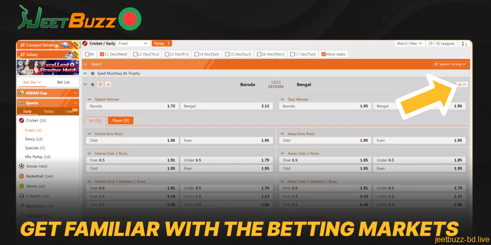 Get familiar with the Betting markets on the Jeetbuzz website