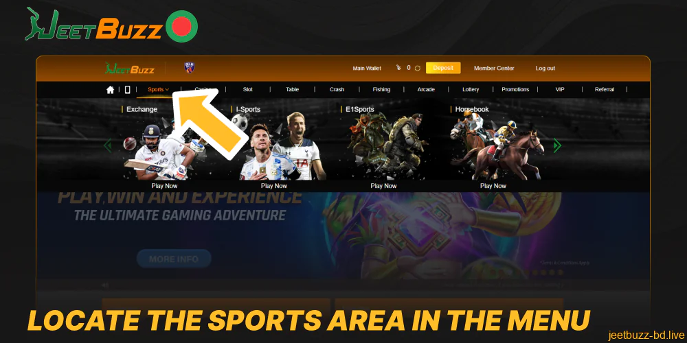 Locate the Sports area in the menu on the Jeetbuzz website