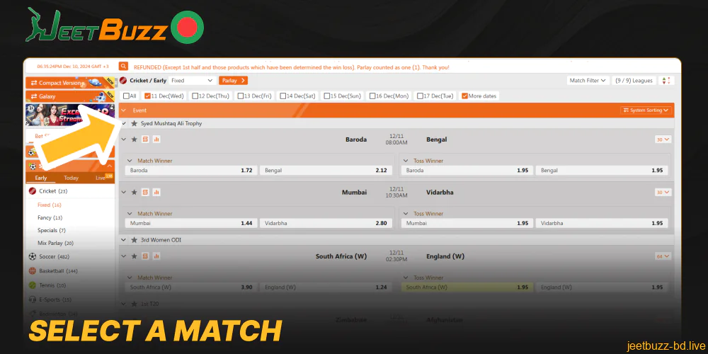 Select a match on the Jeetbuzz website