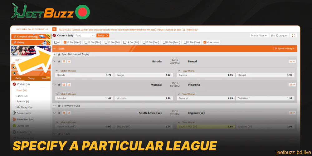 Specify a particular league on the Jeetbuzz website