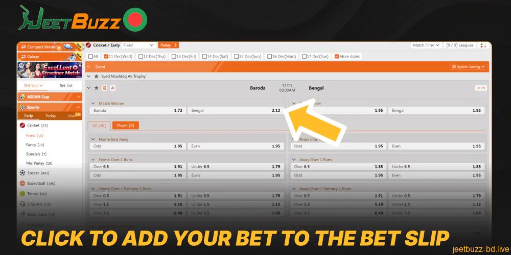 Click to add your bet to the bet slip on Jeetbuzz