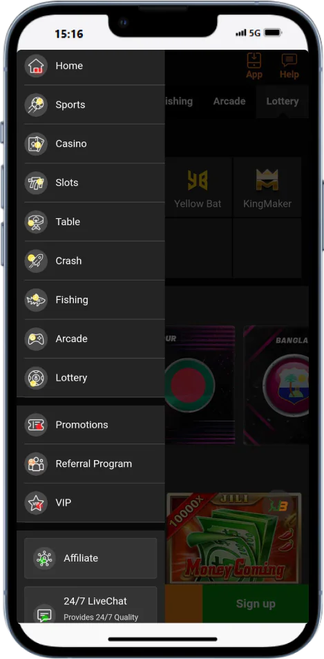 Jeetbuzz mobile app menu